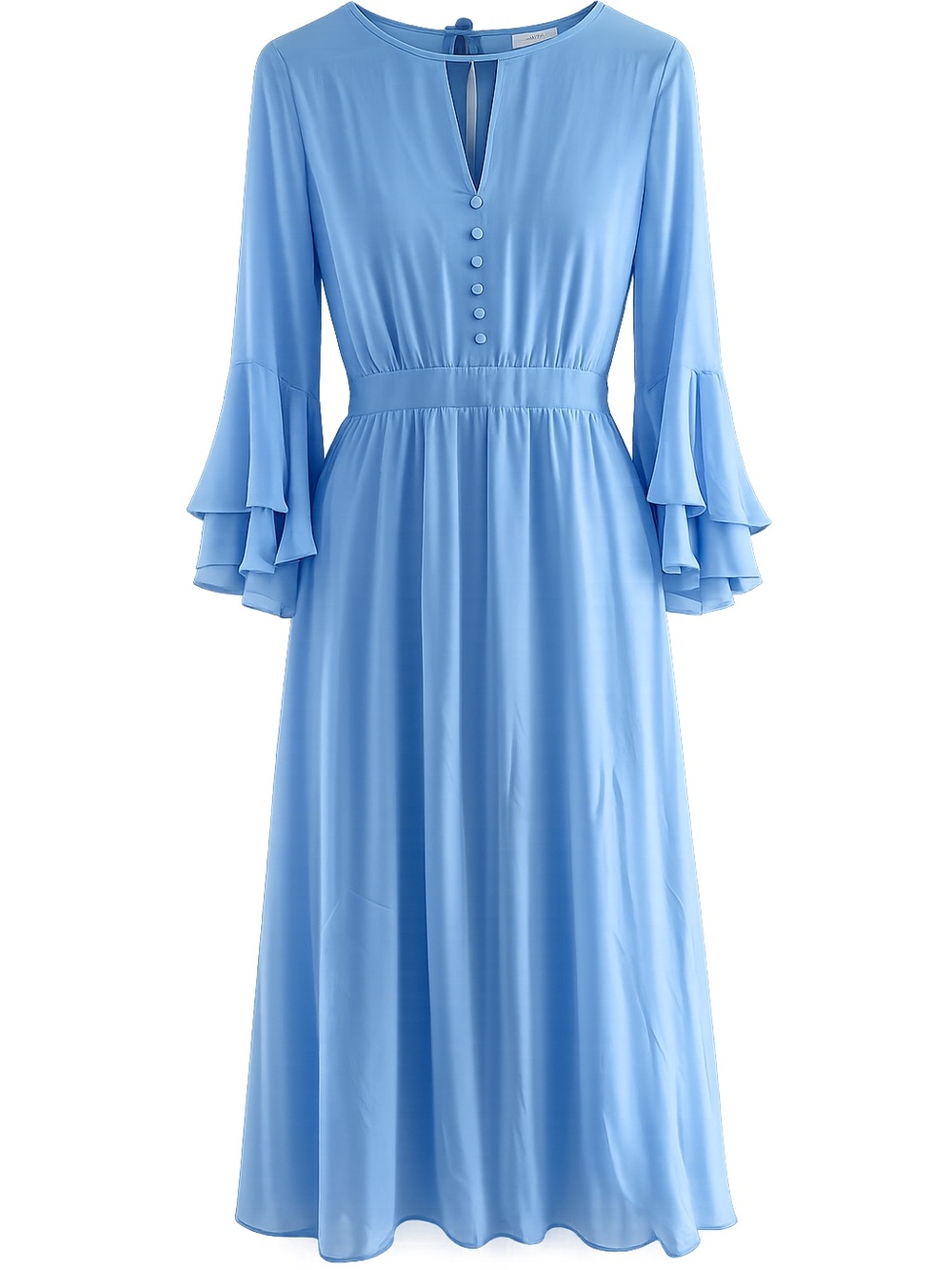 Eva Mendes NY & Co Womens Blue Midi Dress With Ruffle Sleeves Button Front & Tie
